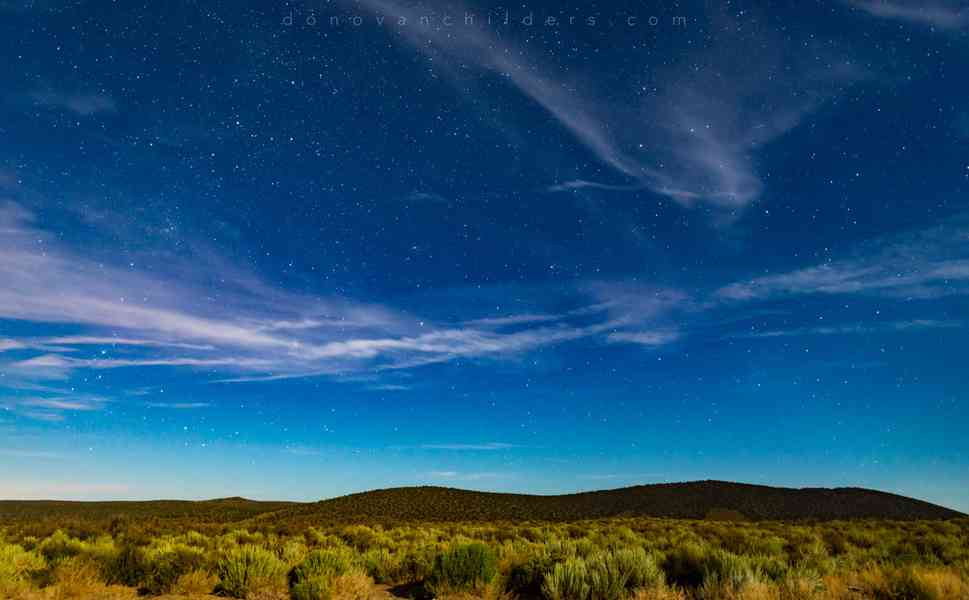 Starry sky overlooking a moonlight sagebrush-filled desert