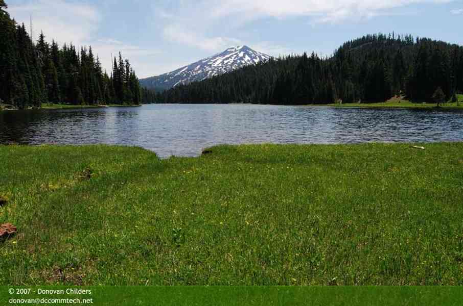 Toward Mt. Bachelor with Green grassy meadow