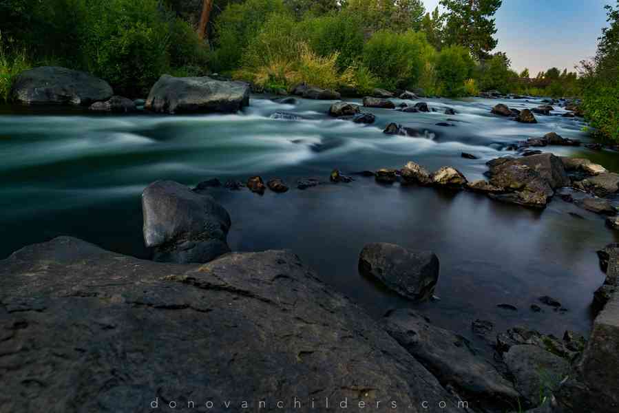 Deschutes River flowing through Sawyer Park after sunset
